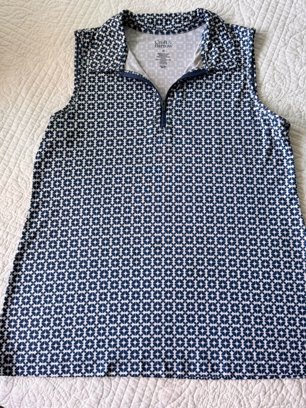 croft & barrow navy and white geometric sleeveless zip polo